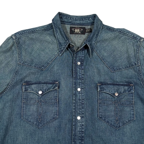 Ralph Lauren Double RRL Denim Shirt Mens XL Slim Fit Western Pearl Snap Cowboy - Picture 5 of 14
